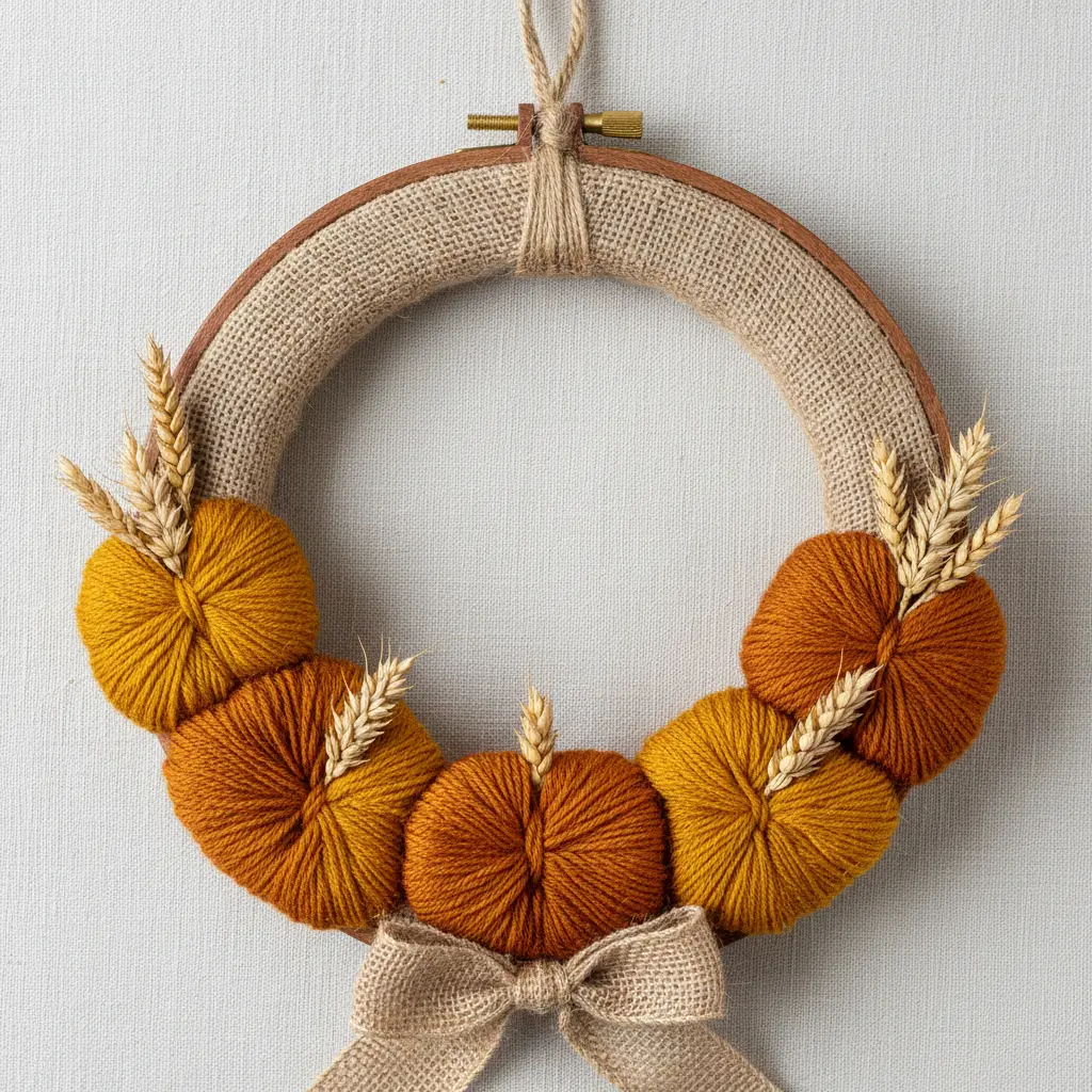 Dried wheat bundle pumpkin wreath with natural wheat stalks and a burlap wrapped hoop.