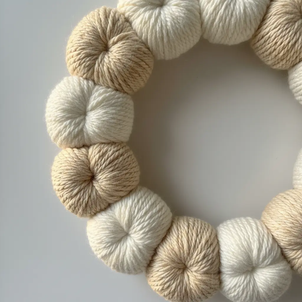 Monochromatic cream yarn pumpkin hoop wreath with soft chunky yarn wrapped on a metal hoop.