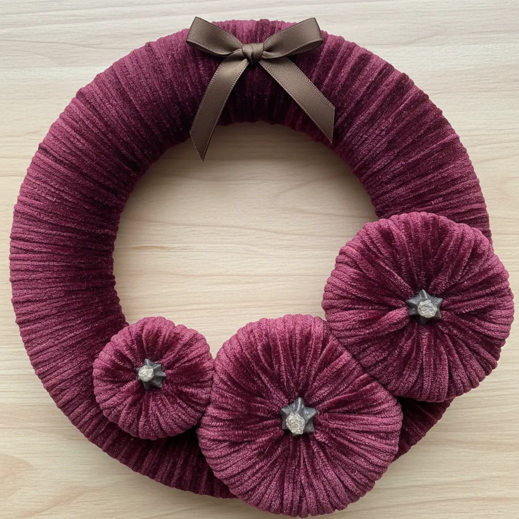 Deep burgundy velvet yarn wreath shaped like a pumpkin with a satin ribbon bow on a dark hoop.