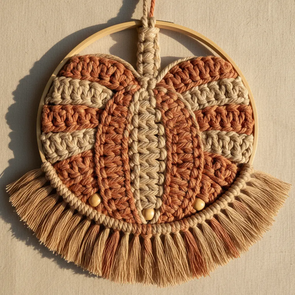 Boho macrame cord pumpkin wreath with fringe trim and wooden beads on a natural hoop.
