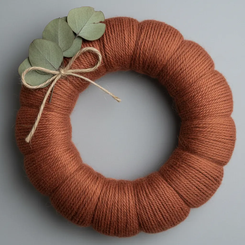 Earthy terracotta yarn wrapped pumpkin hoop with dried eucalyptus and a twine bow.
