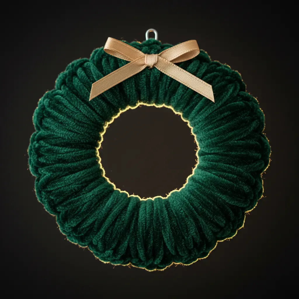 Miniature green velvet pumpkin display on a small hoop wreath with a thin gold ribbon.