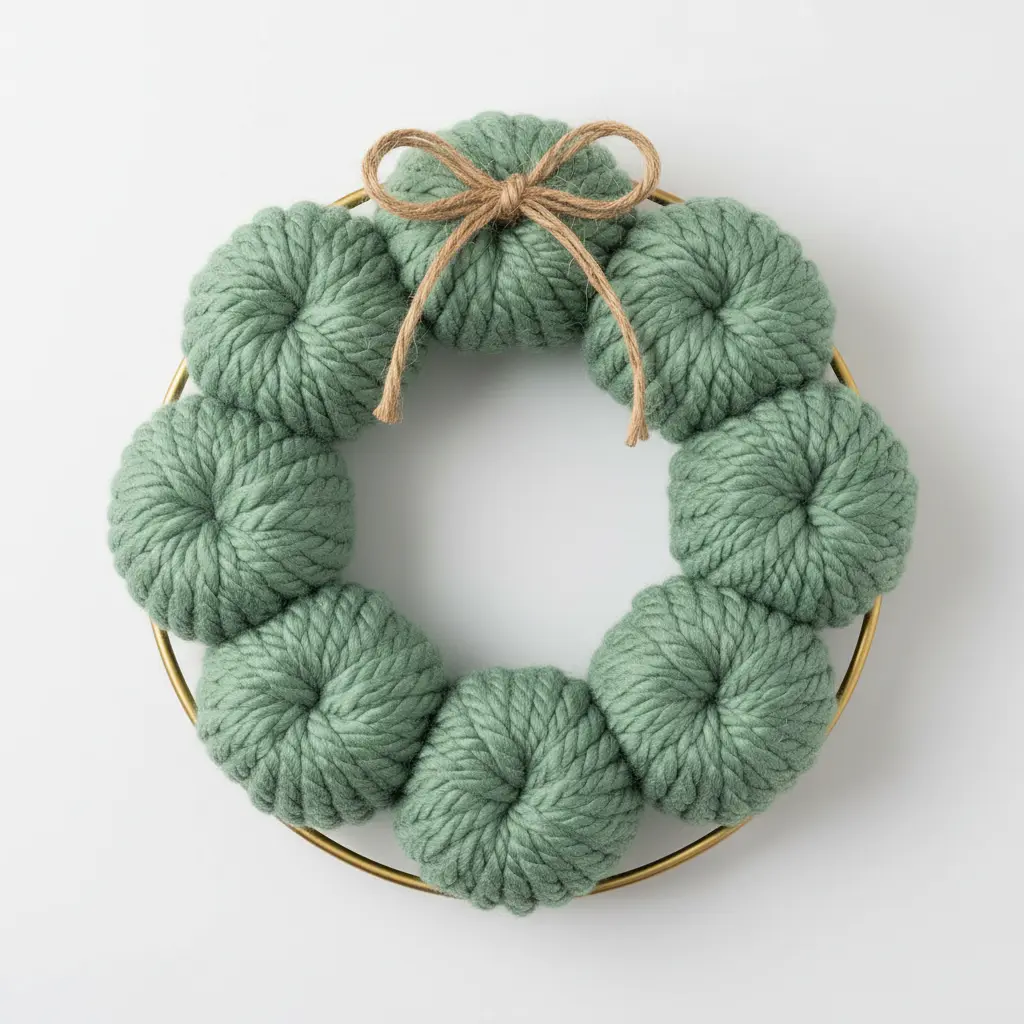 Gold hoop wreath with sage green yarn pumpkin and a rustic jute bow.