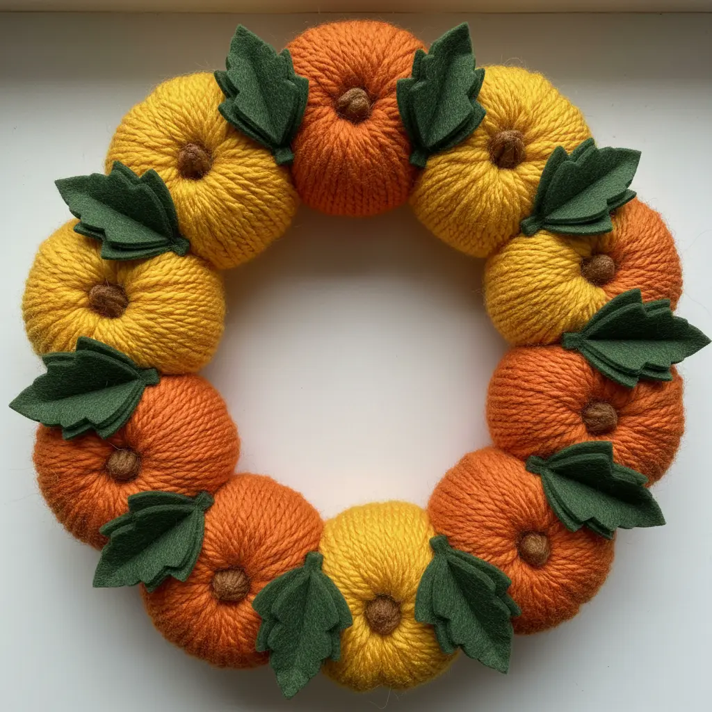 Felt leaf accented pumpkin yarn wreath with bright orange yarn and layered green felt leaves.