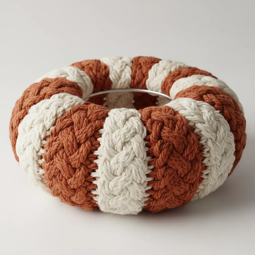 Multi-textured chunky knit pumpkin hoop with loops of thick cream and rust yarn.