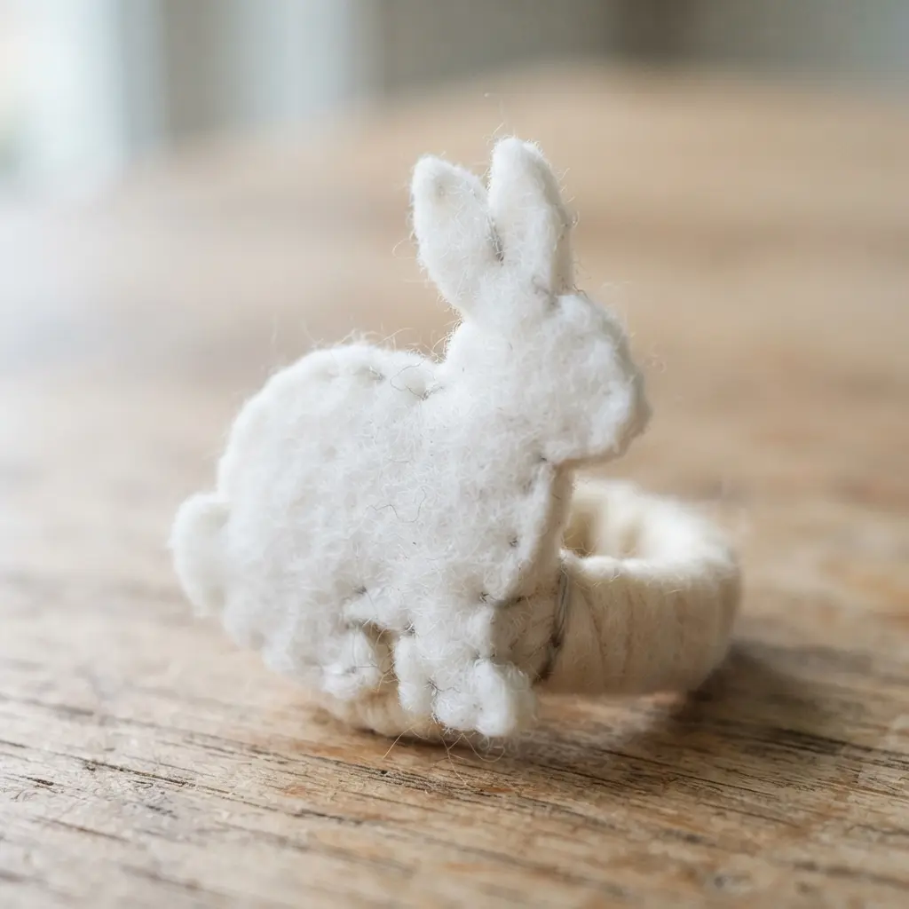 A minimalist white felt rabbit silhouette wrapped around a folded linen napkin.