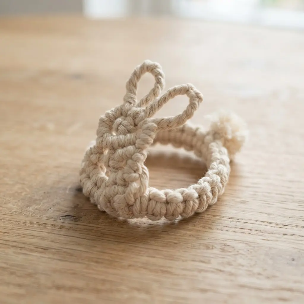 A bohemian-style napkin ring in the shape of a rabbit, created with intricate macrame knots using cotton cord.