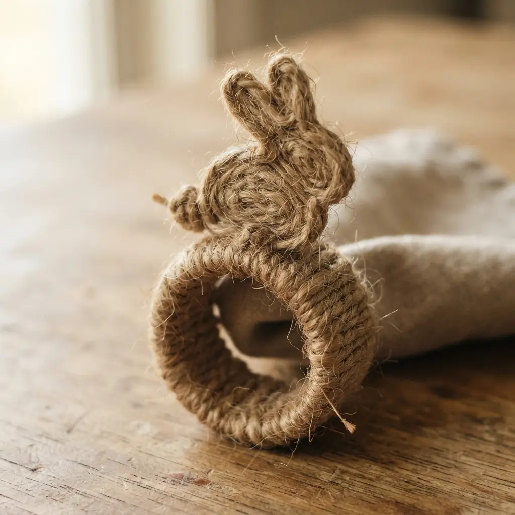 A rustic bunny-shaped napkin ring crafted from coiled and wrapped natural jute twine.