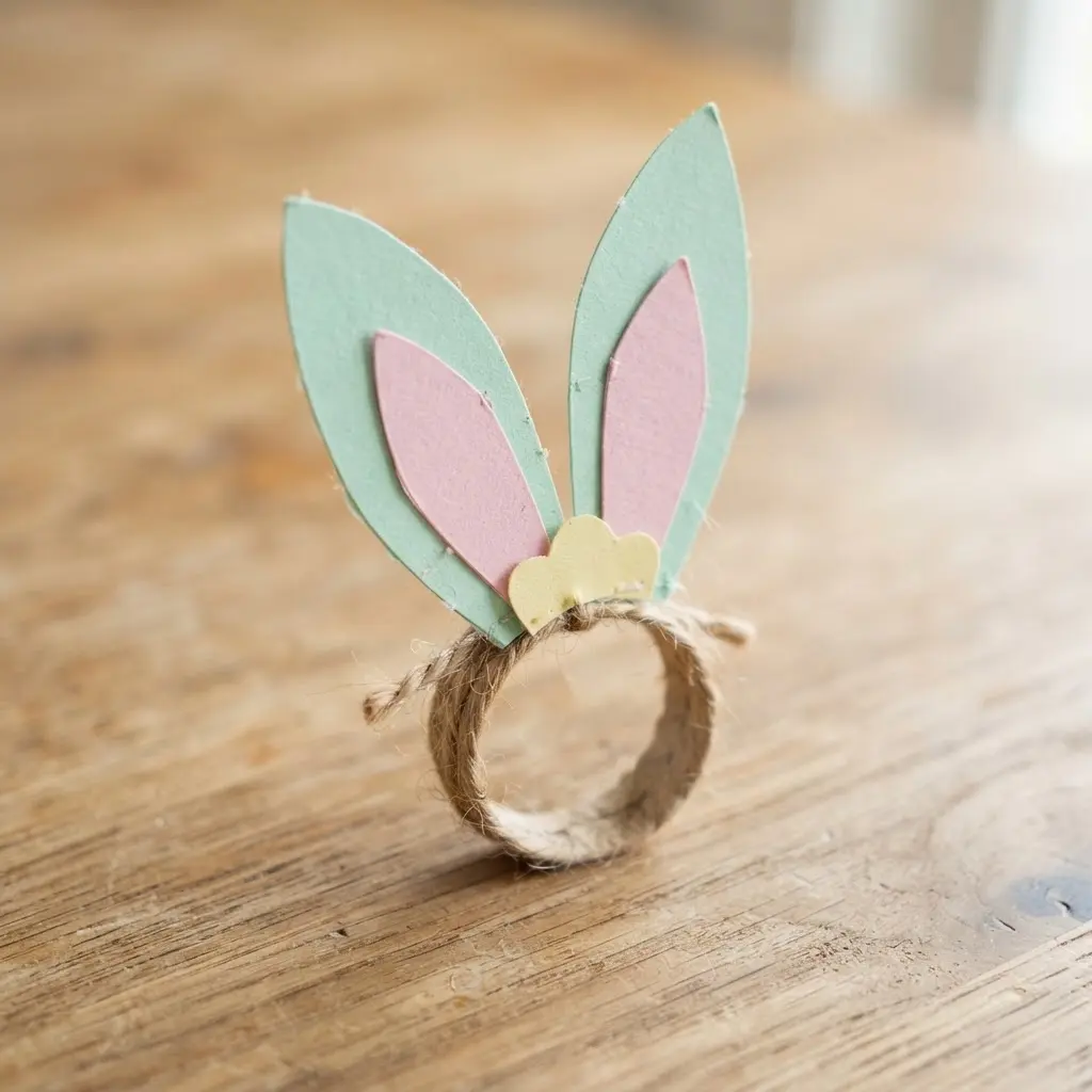 A pastel-colored napkin ring featuring layered cardstock cut into tall, pointed rabbit ears.