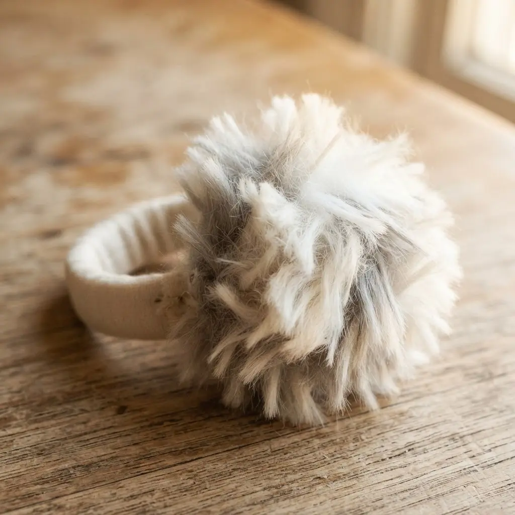 A simple wooden ring adorned with a soft, white faux fur pom-pom resembling a bunny tail.