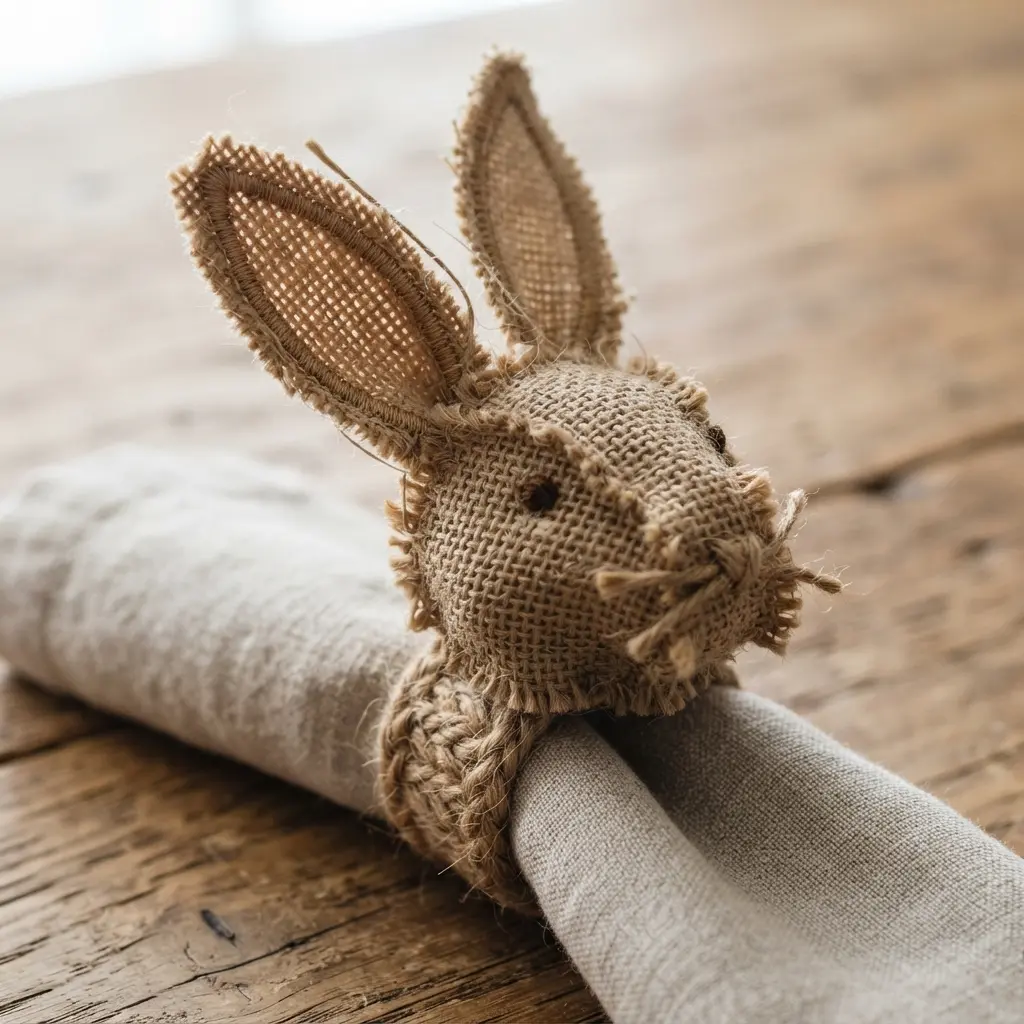 A rustic napkin ring shaped like a rabbit head, crafted from natural-textured burlap fabric.