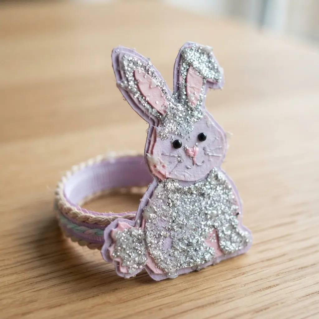 A whimsical rabbit-shaped napkin ring made from pastel cardstock with delicate glitter accents.