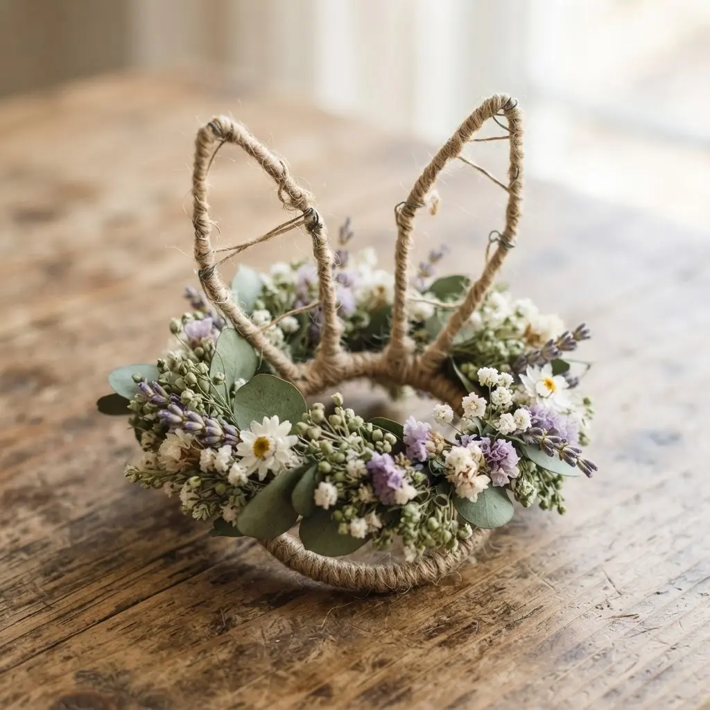 A simple wire napkin ring shaped into rabbit ears, topped with a miniature crown of dried lavender and baby's breath.
