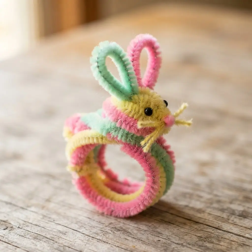 A playful, three-dimensional bunny napkin ring created by weaving and looping colorful pipe cleaners.