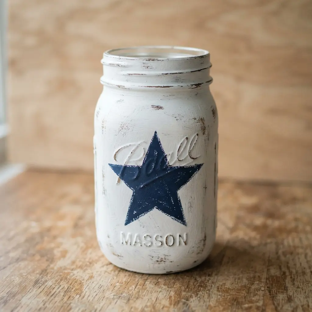 A whitewashed mason jar with visible sanding marks, featuring a single, hand-painted navy star on the front.