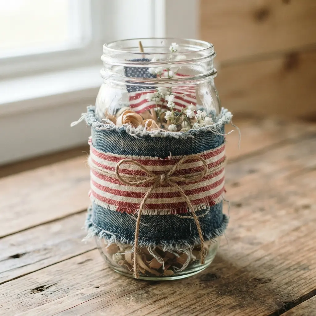A mason jar decorated with a strip of faded blue denim fabric and a piece of red and white striped ribbon, crossed and secured with twine.