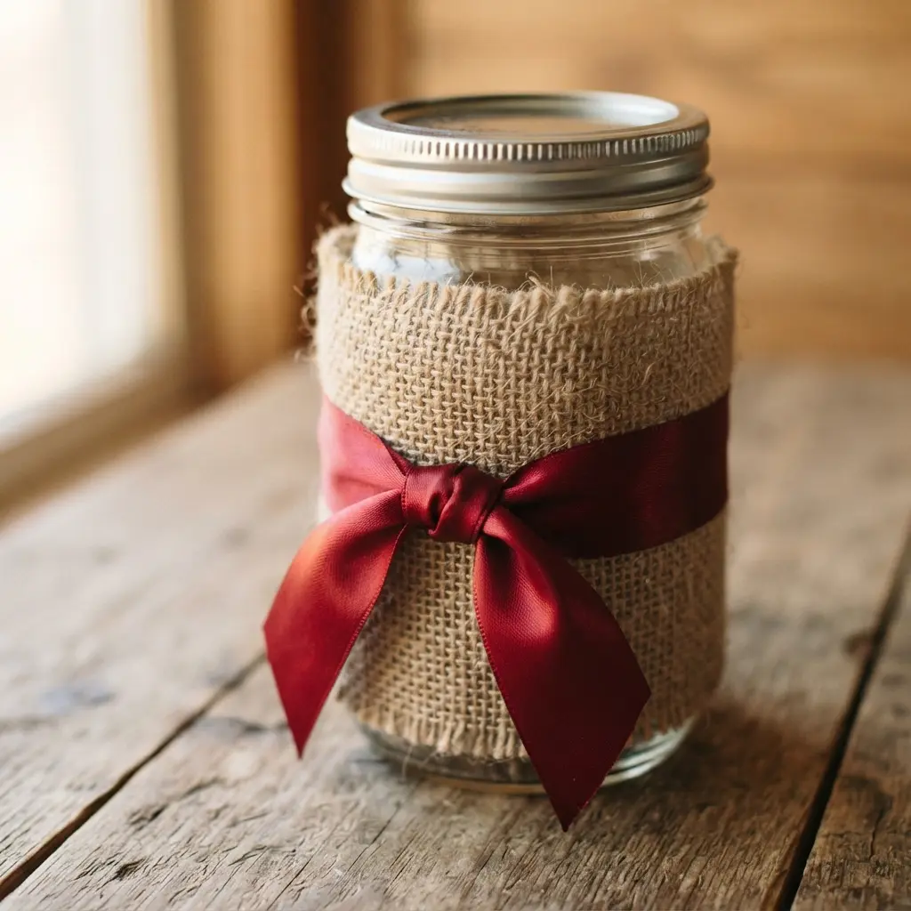 A rustic mason jar wrapped in coarse burlap, accented with a smooth red ribbon tied in a simple knot.