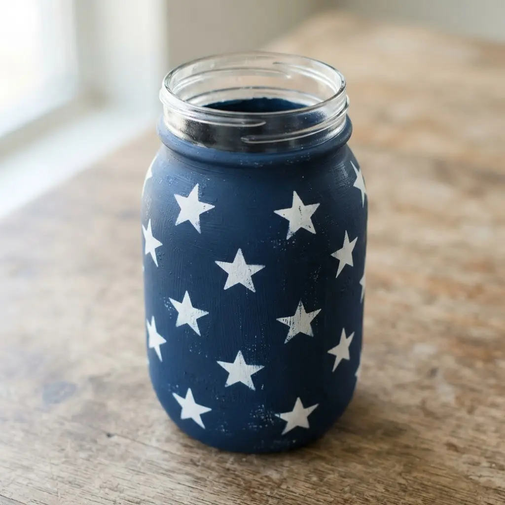 A deep navy blue painted mason jar covered in a scattered pattern of crisp, white stenciled stars.