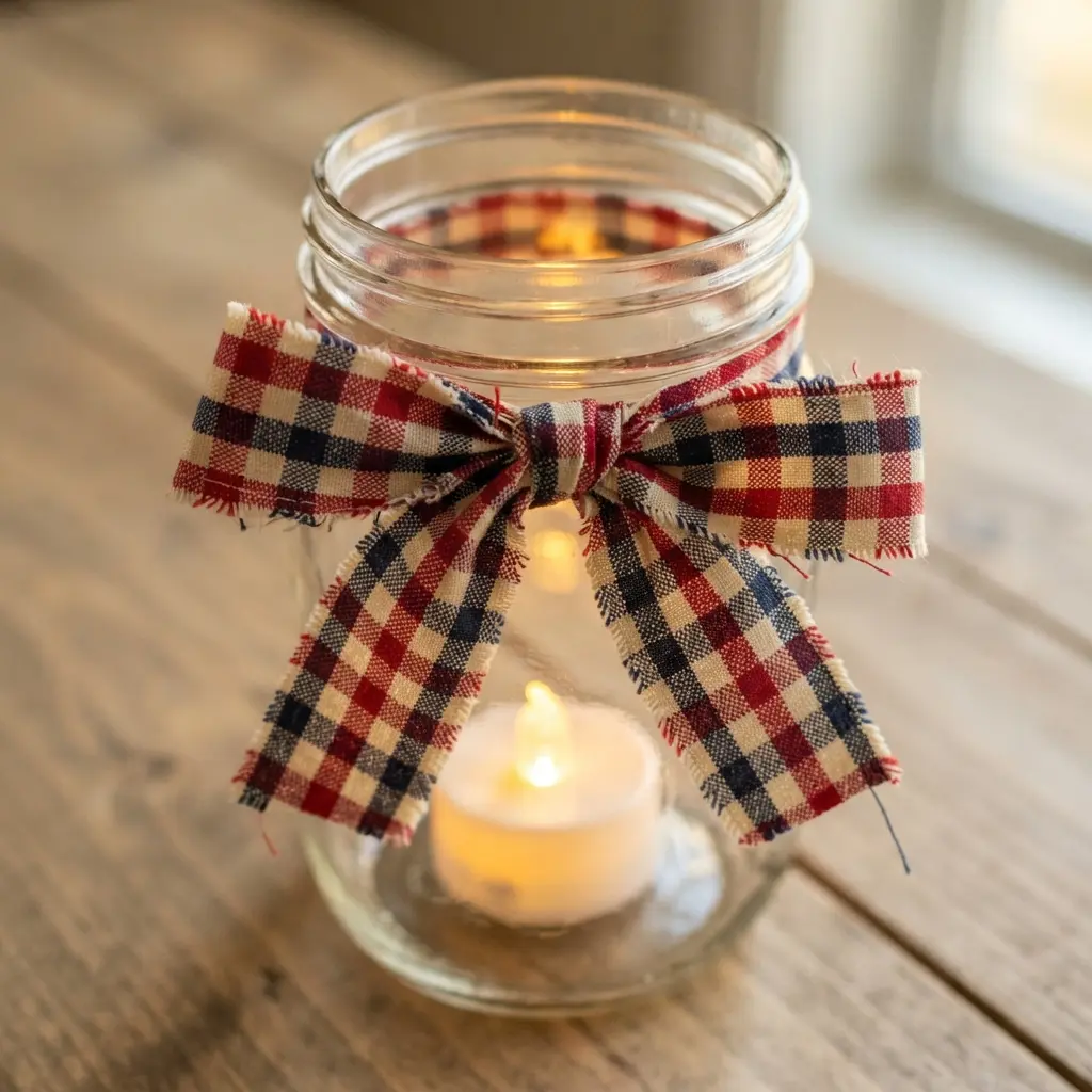 A clear mason jar holding a candle, adorned with a classic red, white, and blue gingham check ribbon around its neck.