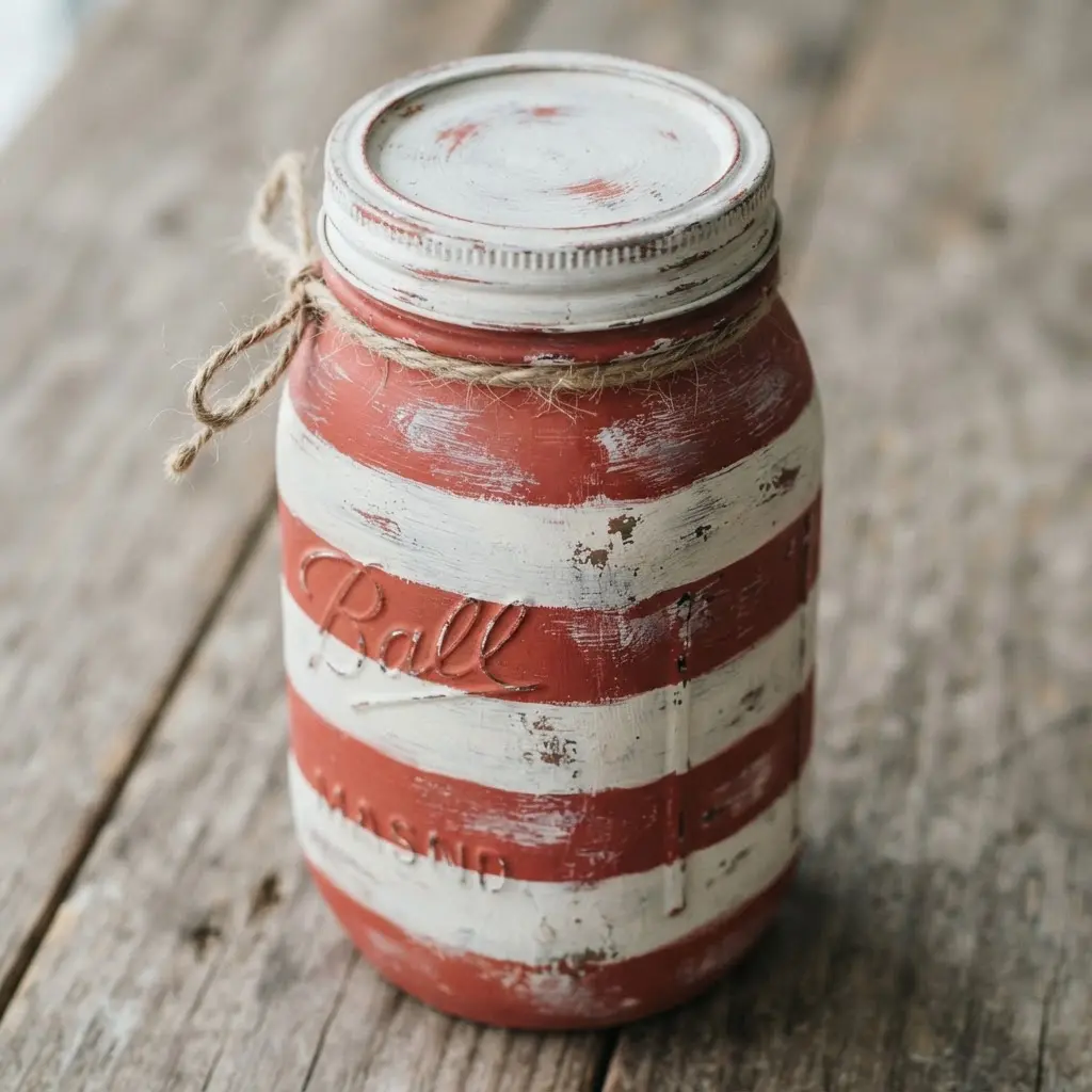A mason jar painted with alternating wide red and white stripes, lightly sanded along the edges for a worn, farmhouse look.