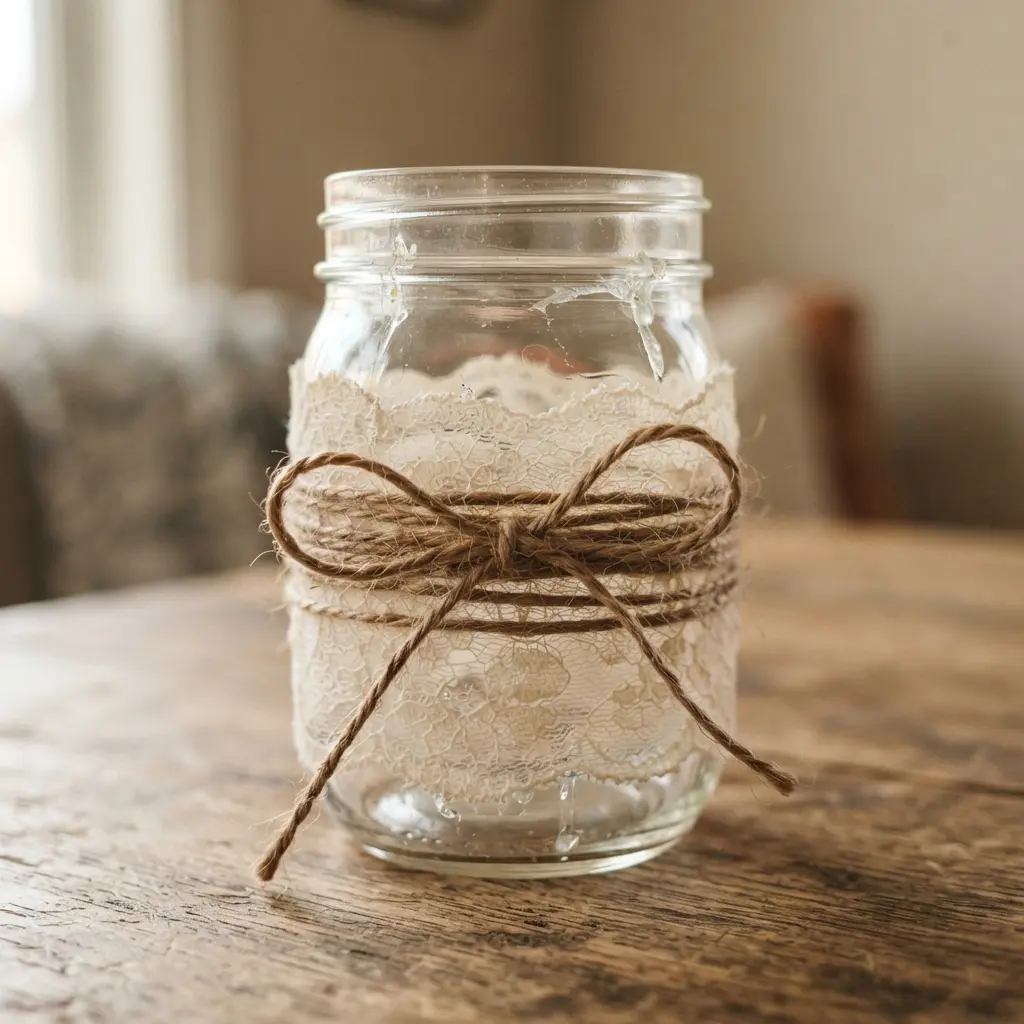 A mason jar covered with a piece of white lace fabric, secured with a wrap of natural jute twine tied in a bow.