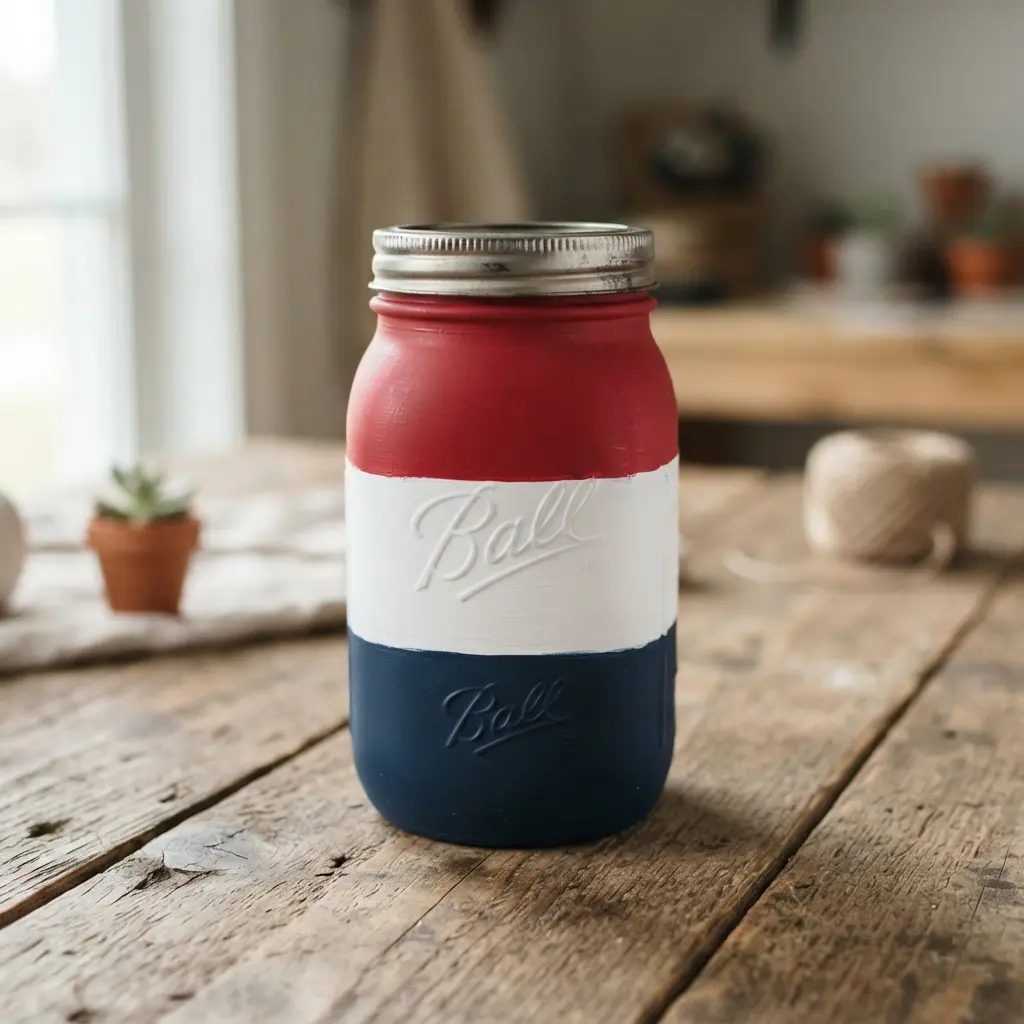 A mason jar divided into three distinct, geometric sections painted in matte shades of red, white, and navy blue.