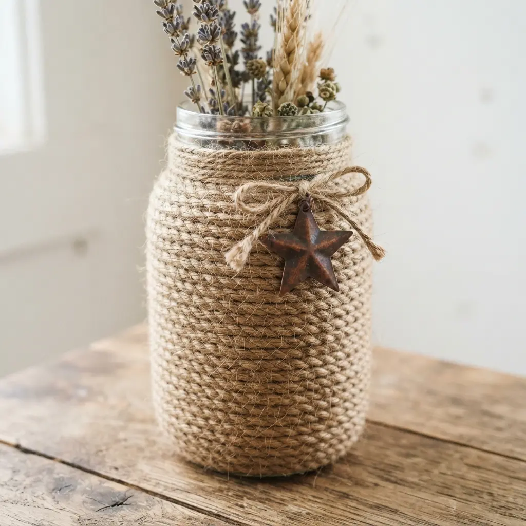 A mason jar completely wrapped in natural jute twine, with a small, rustic metal star charm attached to the front.