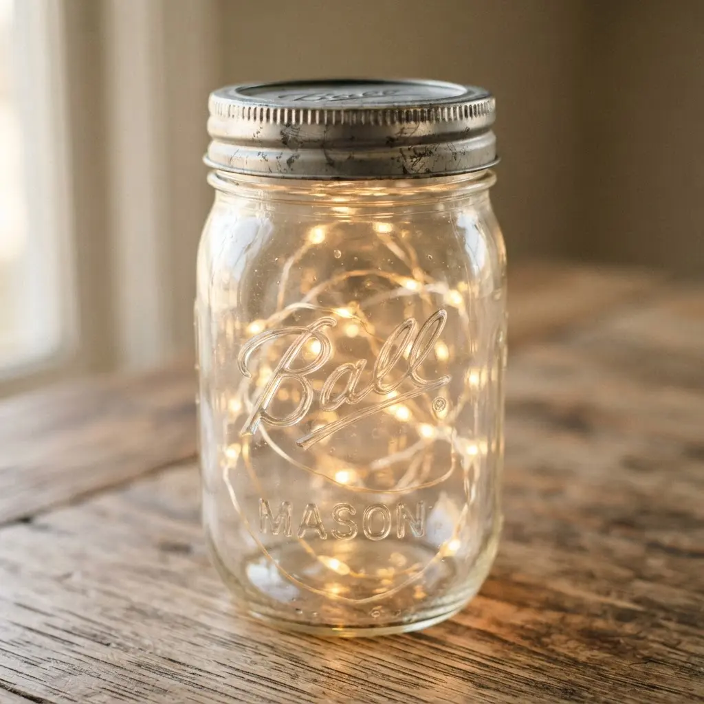 A clear mason jar with a silver galvanized metal lid, filled with a coiled string of warm white fairy lights glowing inside.
