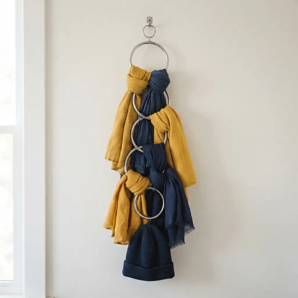 A wooden hanger holding multiple metal shower rings, each displaying a colorful scarf.