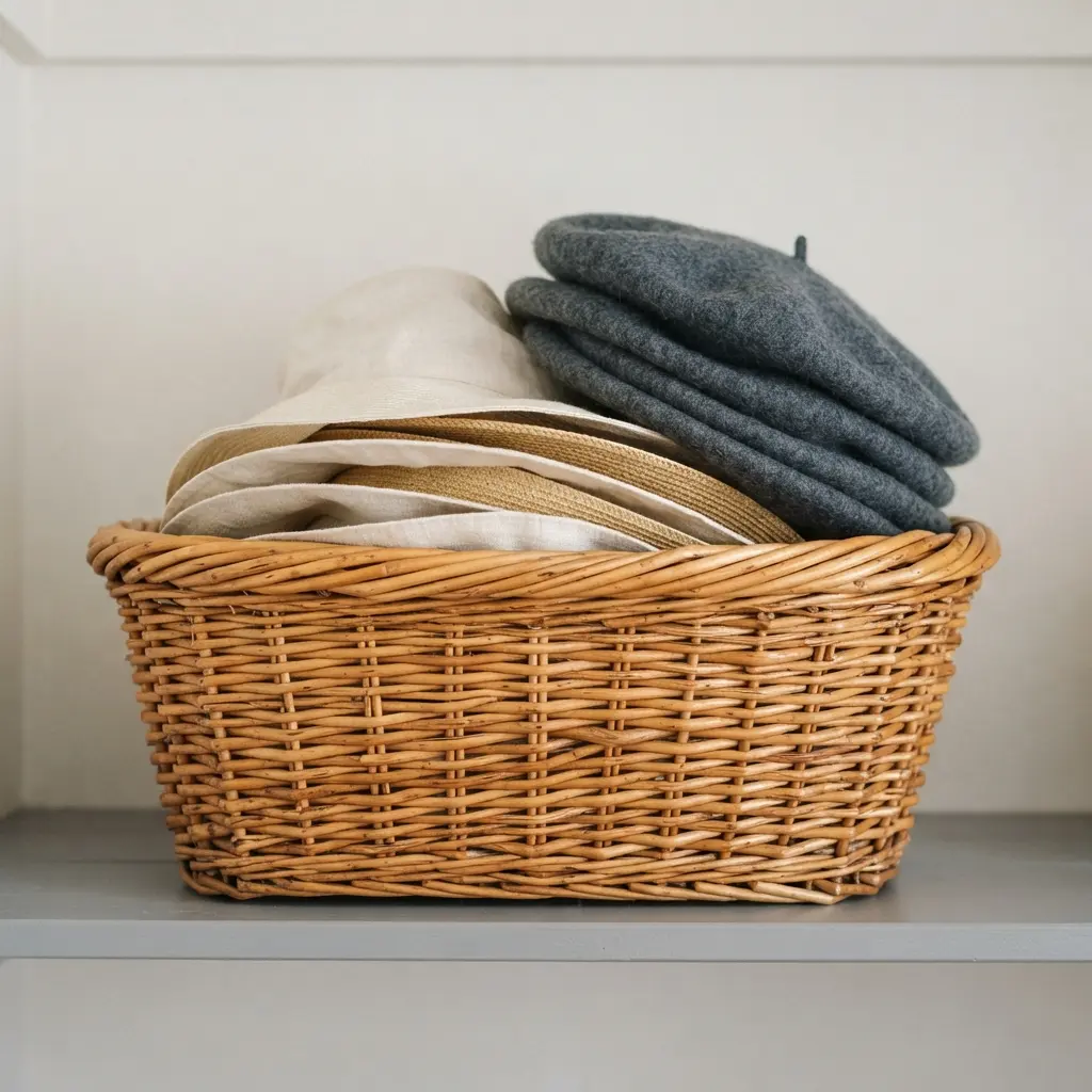 A deep, round wicker basket sitting on a shelf, neatly filled with several sun hats and berets.