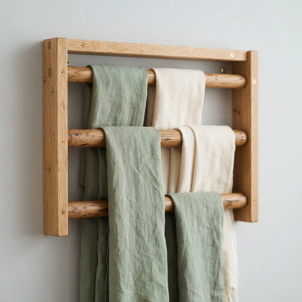 A wall-mounted rack with three horizontal wooden dowels holding several folded scarves.