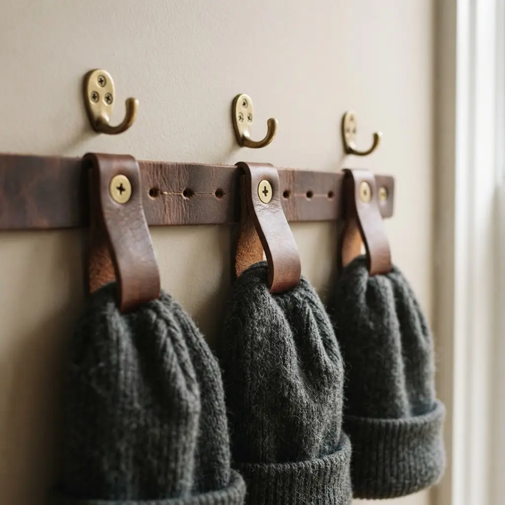 A wooden rail mounted on a wall with leather straps and brass hooks holding wool beanies.