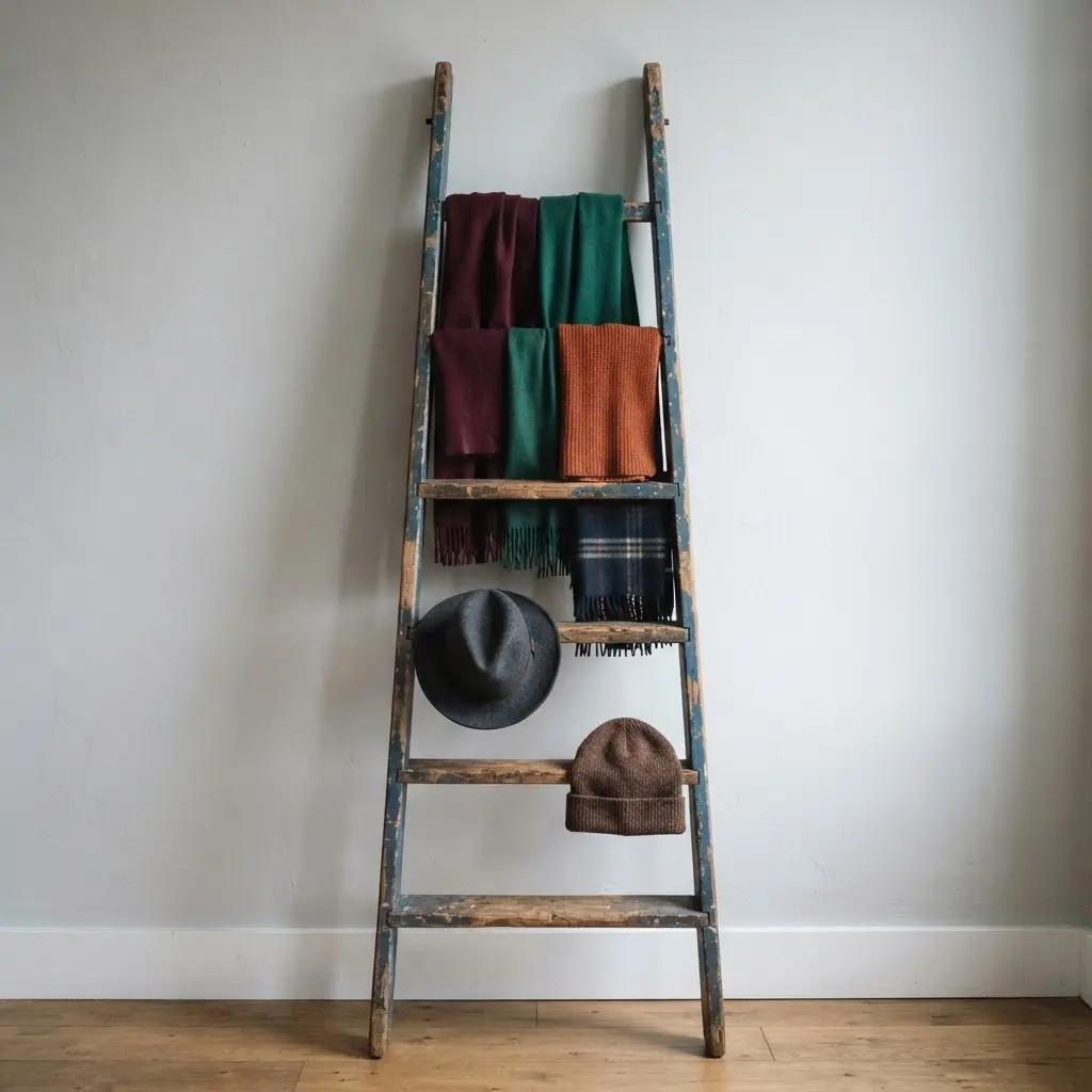 A painted vintage wooden ladder leaning against a wall, with scarves draped over its rungs.