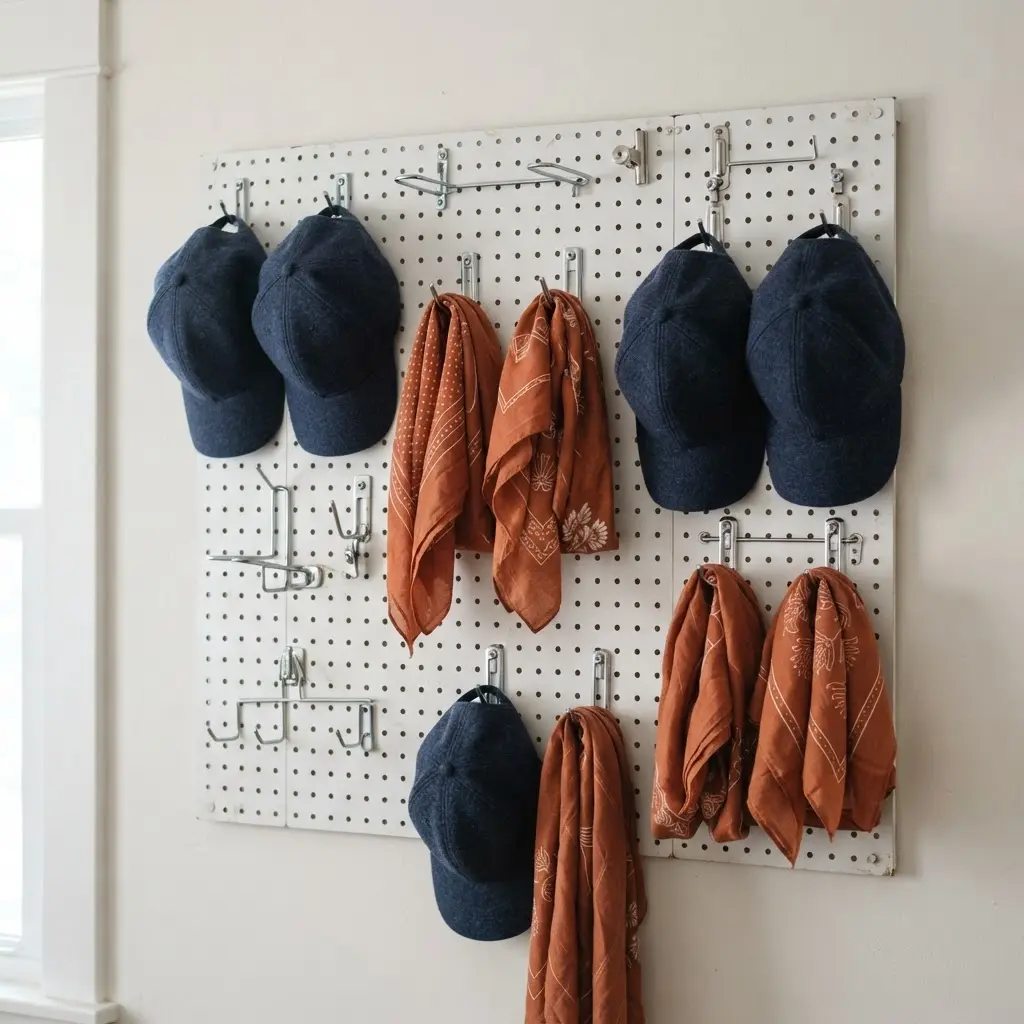 A white pegboard wall with an array of metal hooks and clips organizing colorful hats and scarves.