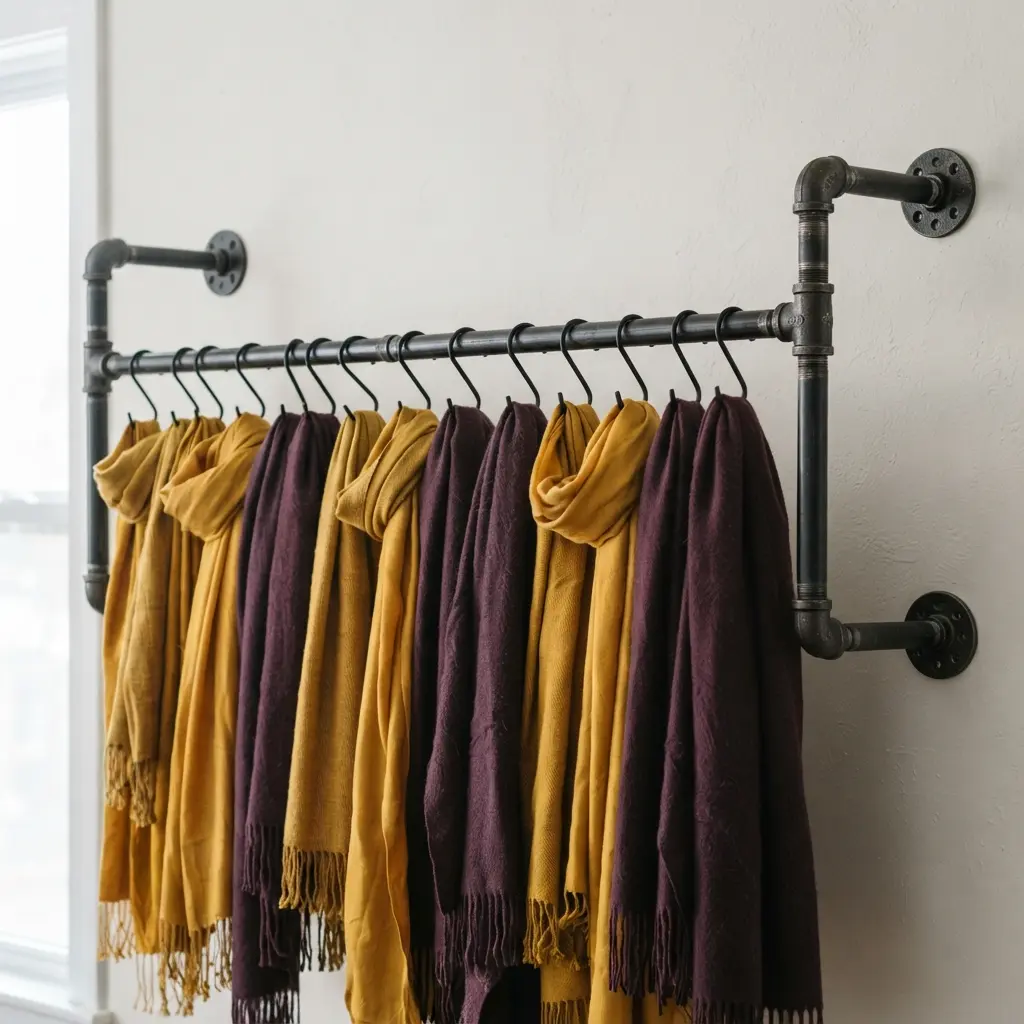 Black industrial pipes assembled into a long rod inside a closet, holding numerous scarves on S-hooks.