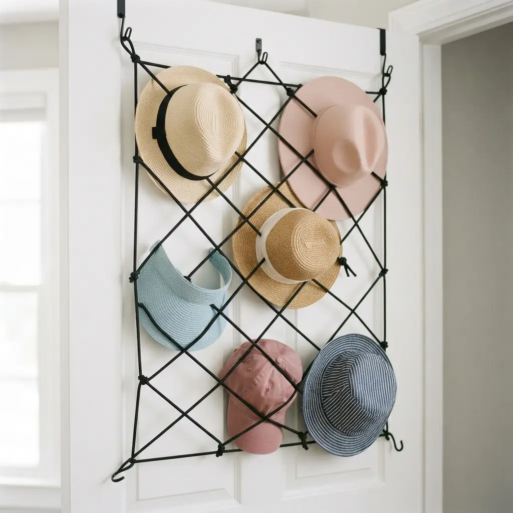 A clear view of a closet door with a grid of black bungee cords creating pockets for storing lightweight hats.
