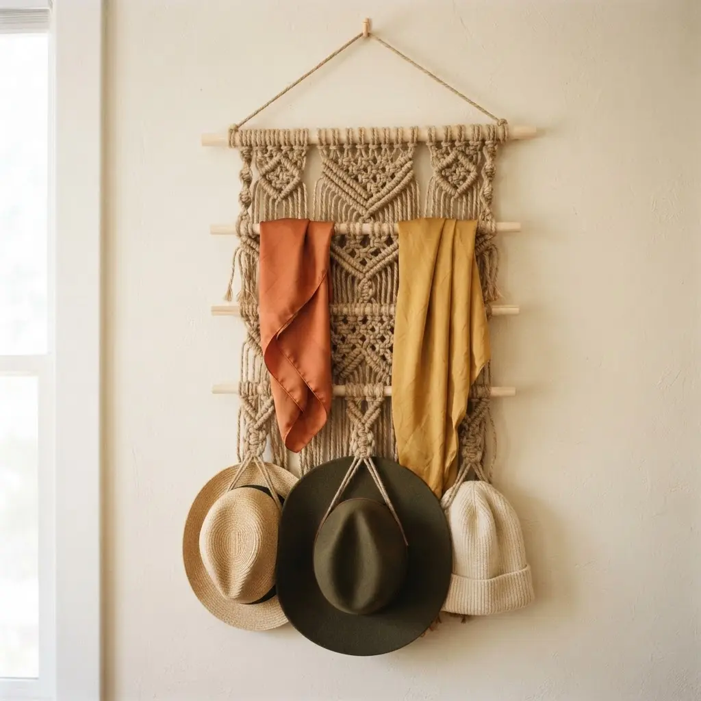 A macrame wall hanging with braided rope sections and wooden dowels for draping silk scarves.