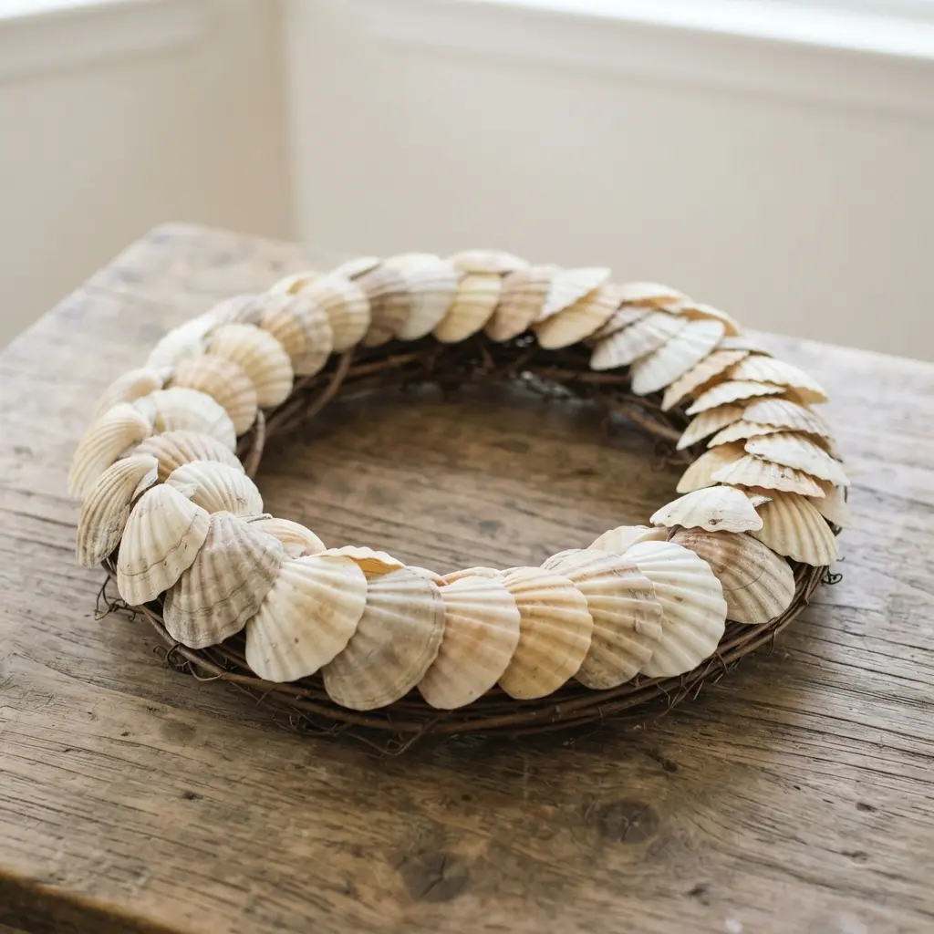 A natural wreath featuring a spiral of white and beige scallop shells on a textured grapevine base.