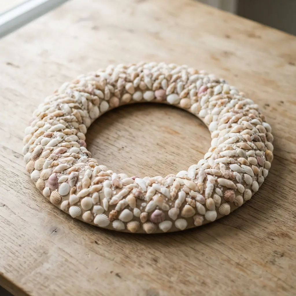 A modern seashell wreath with small, uniform shells glued in a precise zigzag or chevron pattern.