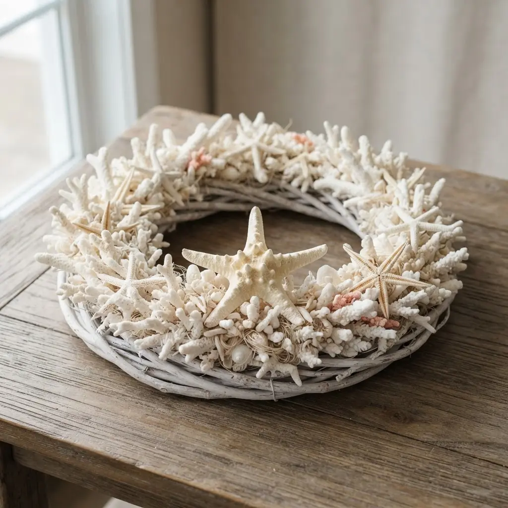 A coastal wreath with white coral pieces and a sandy-colored starfish arranged on a pale circular base.