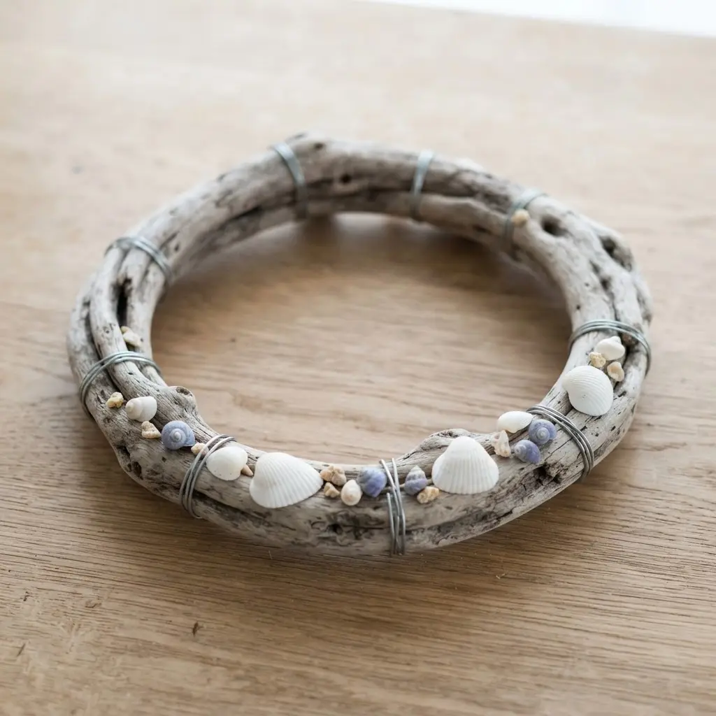 A minimalist natural wreath featuring a piece of gray driftwood accented with small white clam and snail shells.