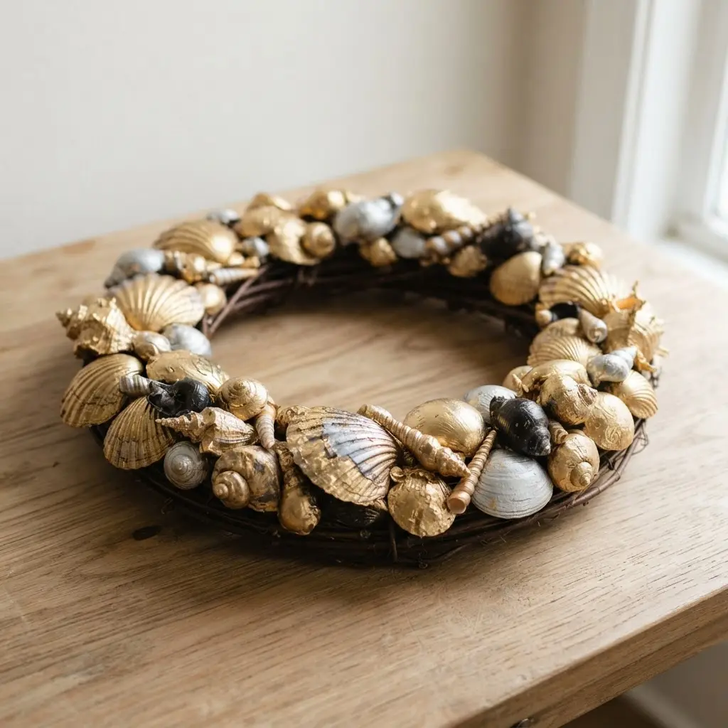 A glamorous wreath showcasing various seashells with metallic gold and silver gilding on a dark base.