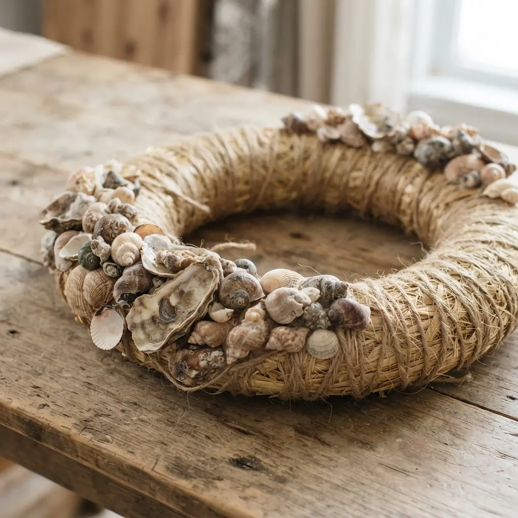A rustic DIY wreath with a jute-wrapped base holding groups of brown and white weathered shells.