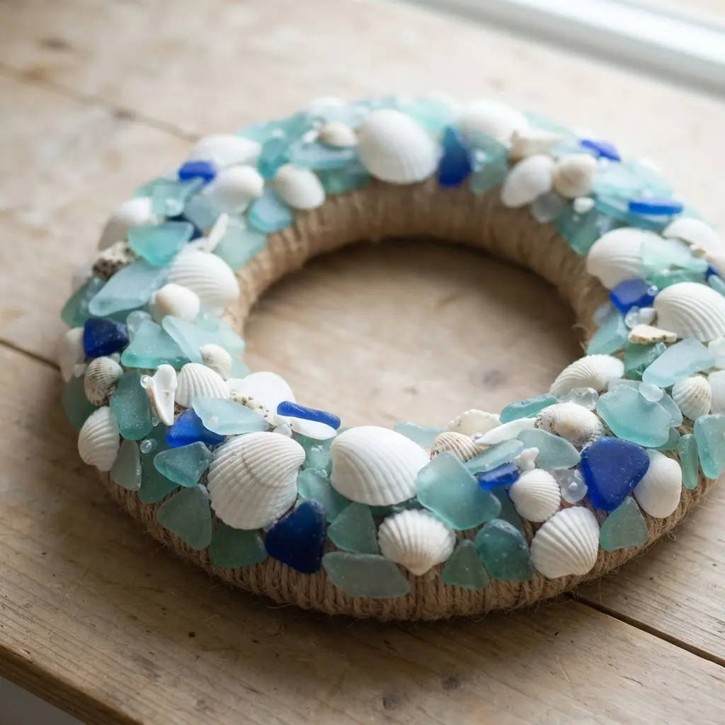 A colorful coastal wreath with pieces of blue sea glass mixed with white seashells on a neutral background.