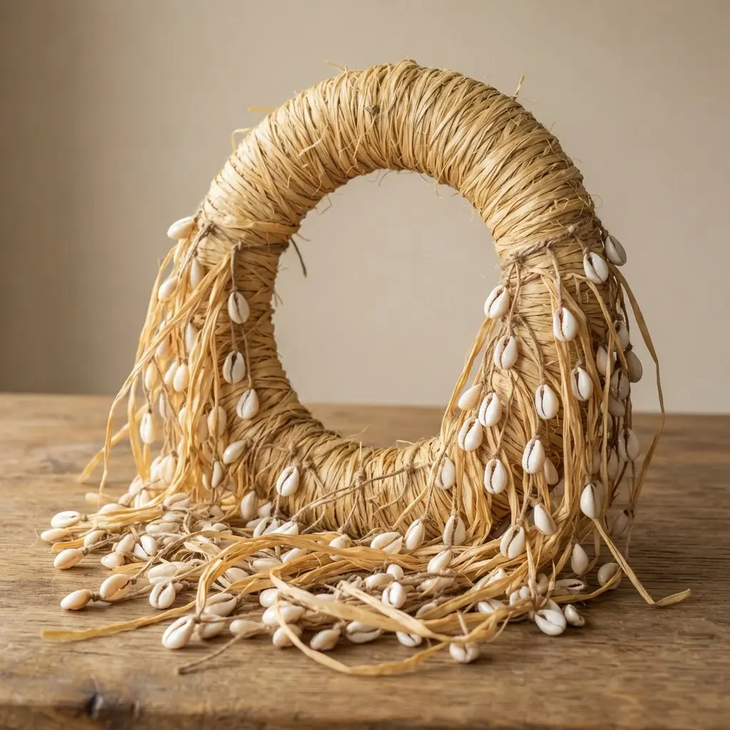 A boho chic wreath constructed from natural raffia with long strands of small cowrie shells dangling.