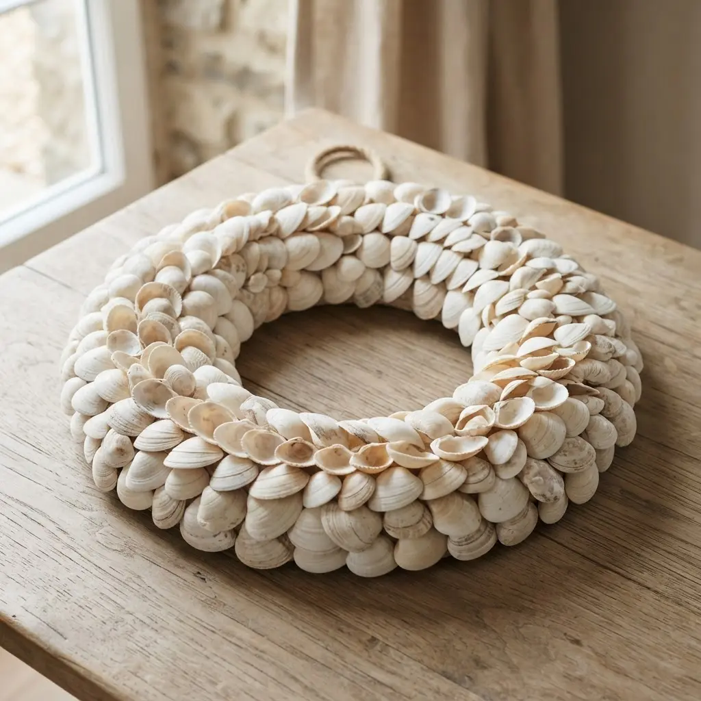 A monochromatic wreath made by layering various sizes of white and beige clam shells in a circular pattern.