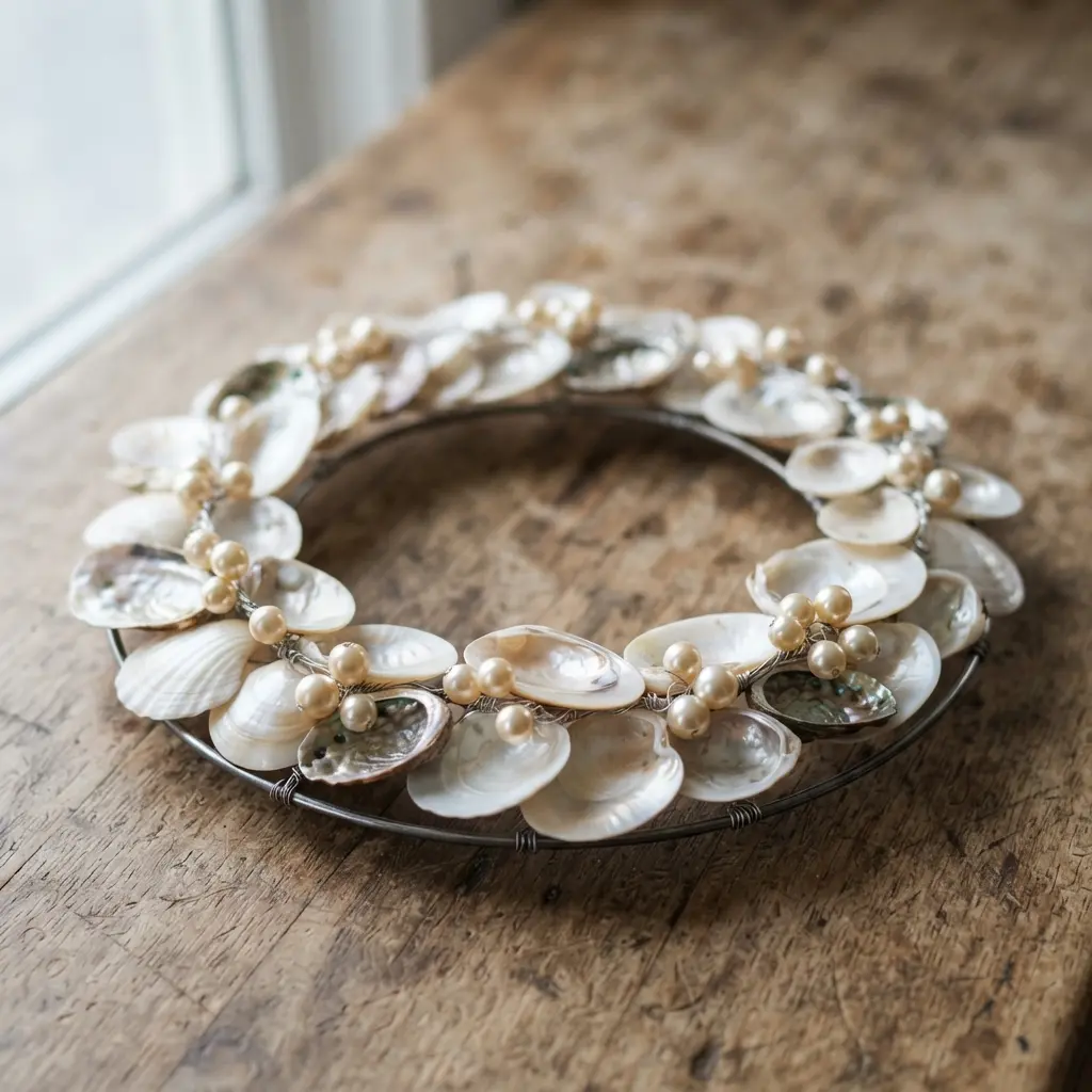 An elegant wreath with iridescent mother of pearl shells and creamy white pearl beads on a wire frame.