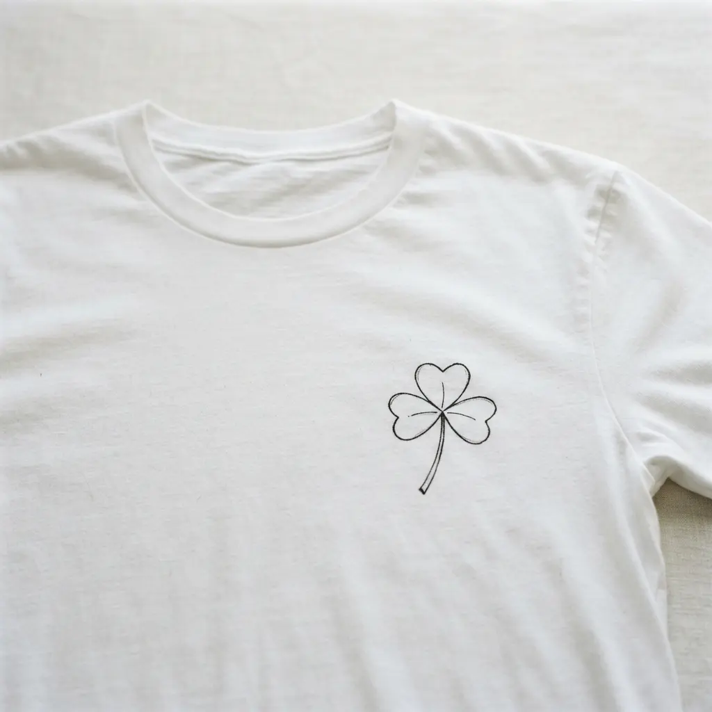 A clean white t-shirt with a small, minimalist black line drawing of a shamrock on the chest pocket.