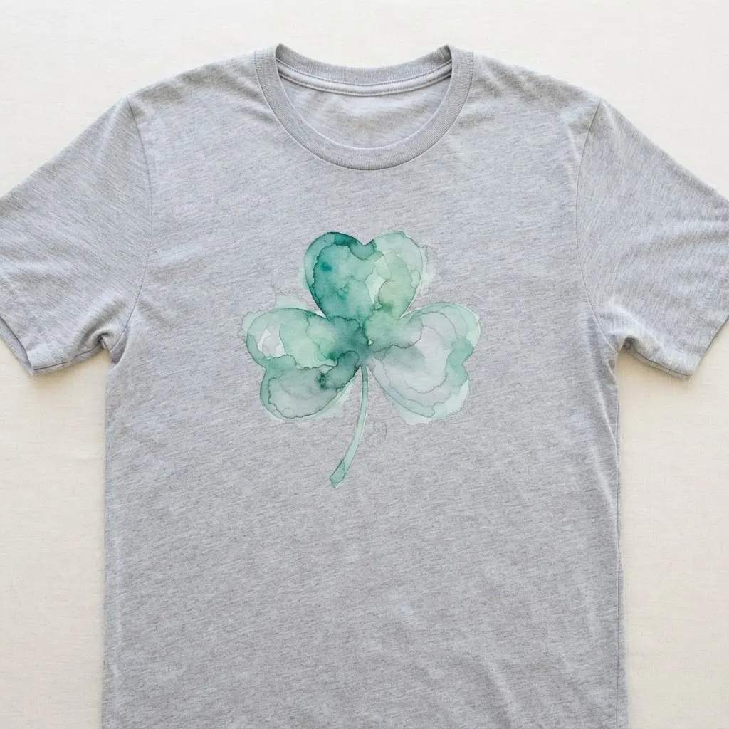 A light gray shirt with a soft-focused shamrock in shades of green, created using a watercolor fabric ink technique.