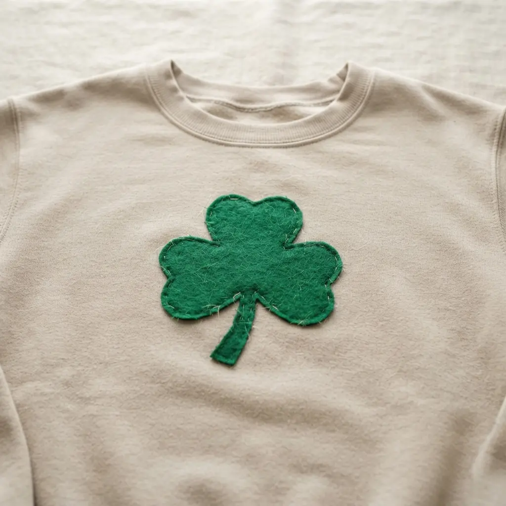 A soft beige shirt with a vibrant green felt shamrock applique featuring visible fabric texture.